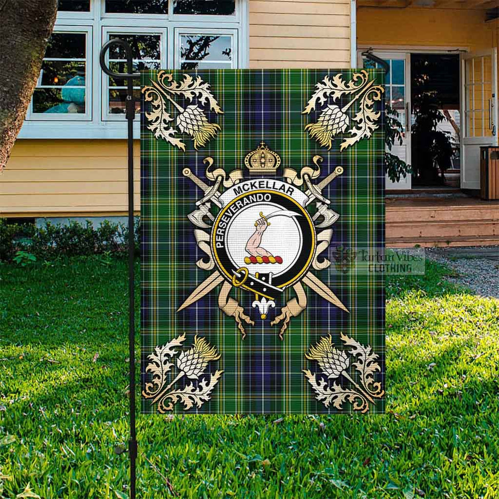 Tartan Vibes Clothing McKellar Tartan Flag with Family Crest and Golden Thistle Crossed Sword Design