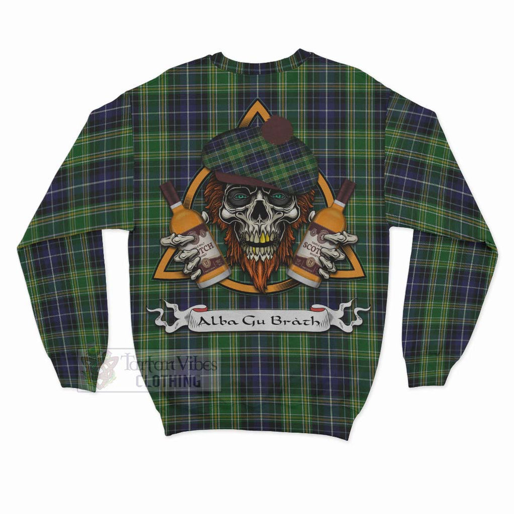 Tartan Vibes Clothing McKellar Tartan Sweatshirt with Family Crest and Bearded Skull Holding Bottles of Whiskey