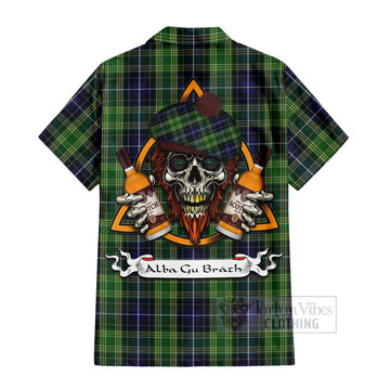 Tartan Vibes Clothing McKellar Tartan Short Sleeve Button Shirt with Family Crest and Bearded Skull Holding Bottles of Whiskey