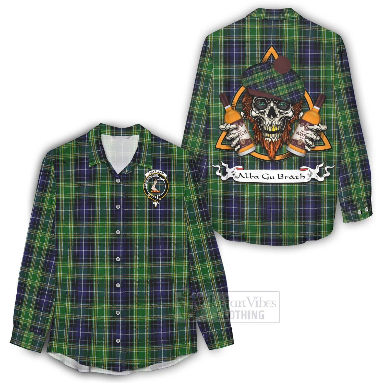 Tartan Vibes Clothing McKellar Tartan Women's Casual Shirt with Family Crest and Bearded Skull Holding Bottles of Whiskey