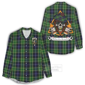 Tartan Vibes Clothing McKellar Tartan Women's Casual Shirt with Family Crest and Bearded Skull Holding Bottles of Whiskey