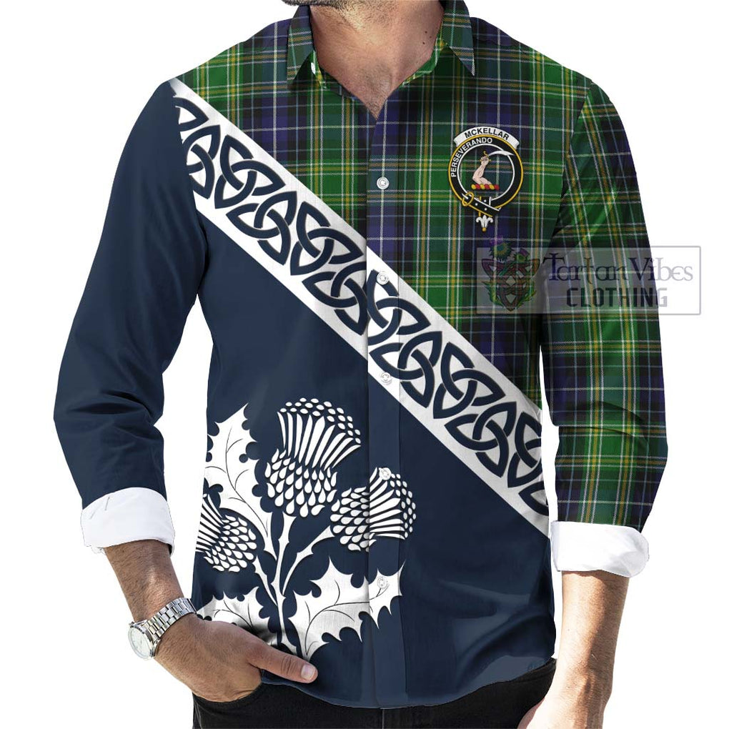 Tartan Vibes Clothing McKellar Tartan Long Sleeve Button Shirt Featuring Thistle and Scotland Map
