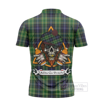 Tartan Vibes Clothing McKellar Tartan Zipper Polo Shirt with Family Crest and Bearded Skull Holding Bottles of Whiskey