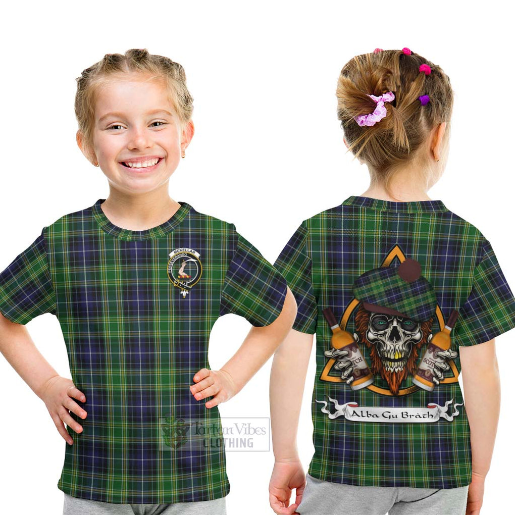 Tartan Vibes Clothing McKellar Tartan Kid T-Shirt with Family Crest and Bearded Skull Holding Bottles of Whiskey
