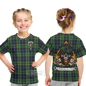Tartan Vibes Clothing McKellar Tartan Kid T-Shirt with Family Crest and Bearded Skull Holding Bottles of Whiskey