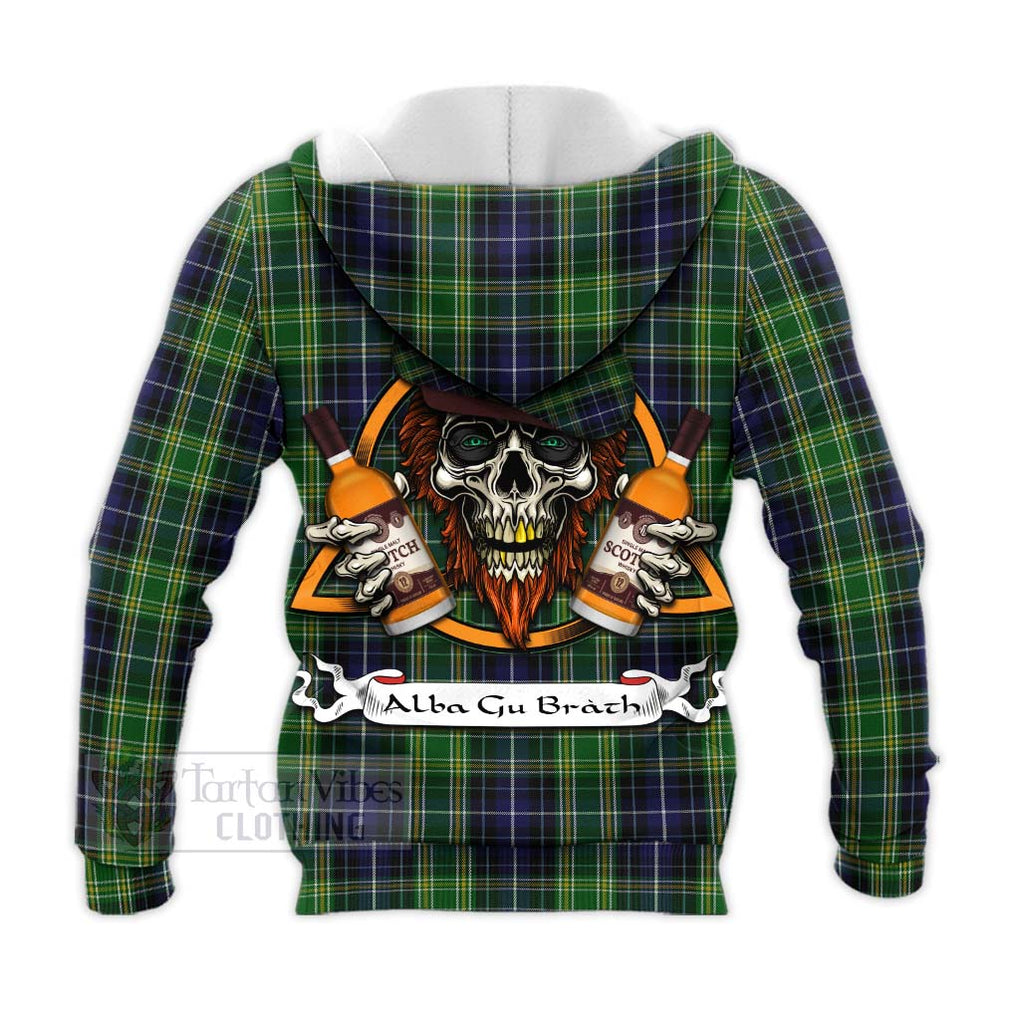 Tartan Vibes Clothing McKellar Tartan Knitted Hoodie with Family Crest and Bearded Skull Holding Bottles of Whiskey