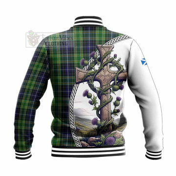 Tartan Vibes Clothing McKellar Tartan Baseball Jacket with Family Crest and St. Andrew's Cross Accented by Thistle Vines