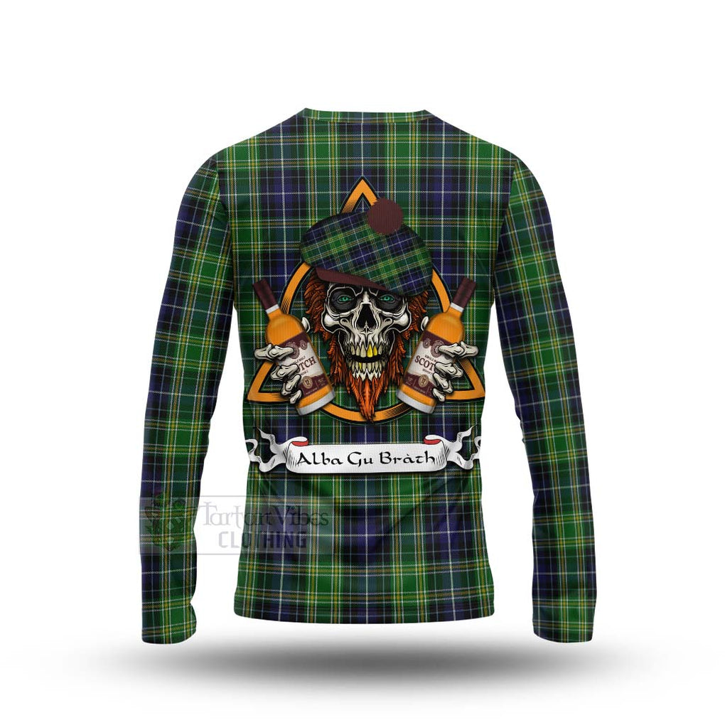 Tartan Vibes Clothing McKellar Tartan Long Sleeve T-Shirt with Family Crest and Bearded Skull Holding Bottles of Whiskey