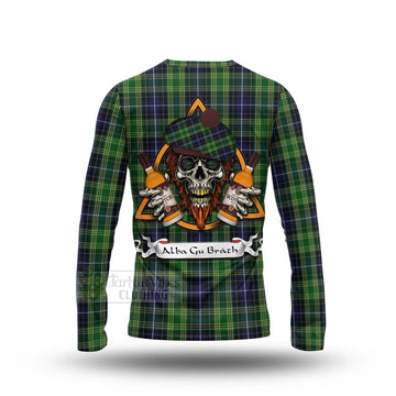 Tartan Vibes Clothing McKellar Tartan Long Sleeve T-Shirt with Family Crest and Bearded Skull Holding Bottles of Whiskey