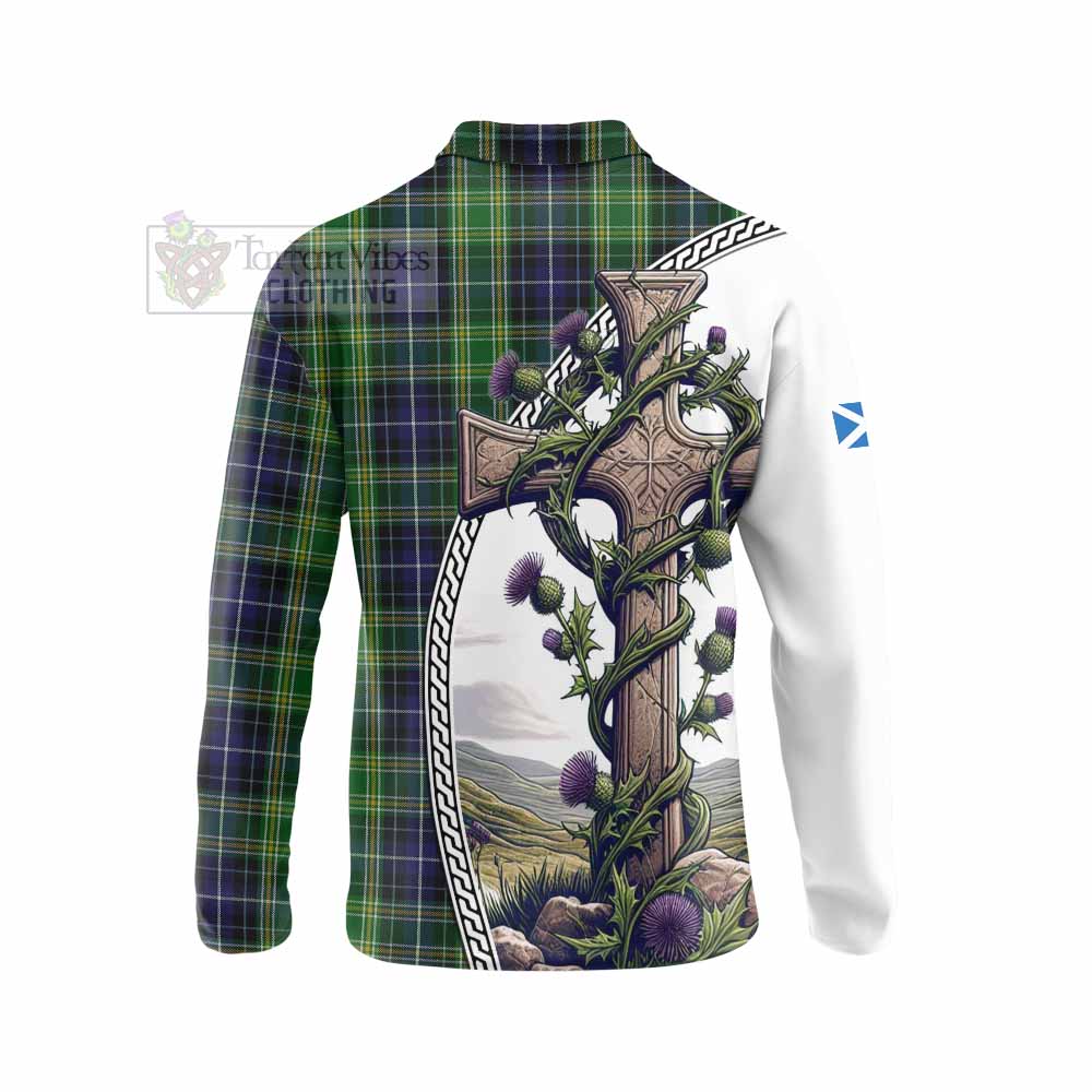 Tartan Vibes Clothing McKellar Tartan Long Sleeve Polo Shirt with Family Crest and St. Andrew's Cross Accented by Thistle Vines