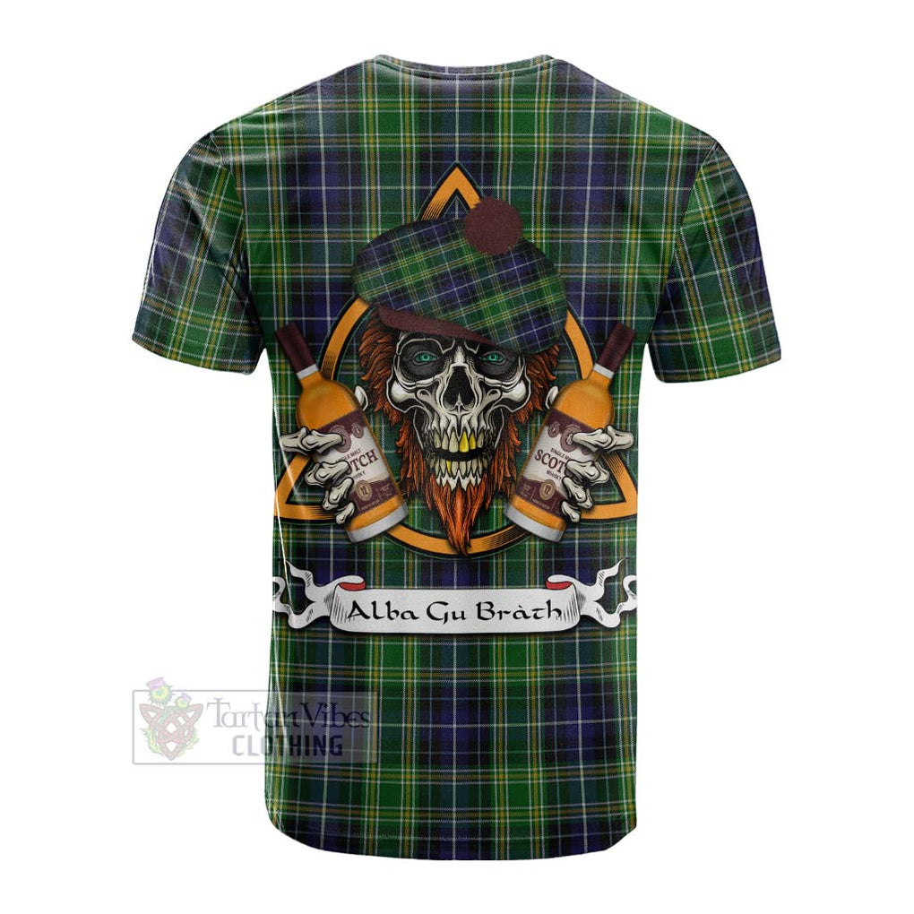 Tartan Vibes Clothing McKellar Tartan Cotton T-shirt with Family Crest and Bearded Skull Holding Bottles of Whiskey
