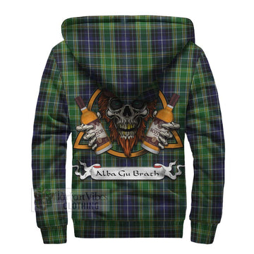 Tartan Vibes Clothing McKellar Tartan Sherpa Hoodie with Family Crest and Bearded Skull Holding Bottles of Whiskey