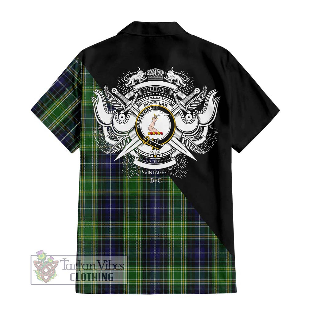 McKellar Tartan Short Sleeve Button Shirt with Family Crest and Military Logo Style - Tartanvibesclothing Shop
