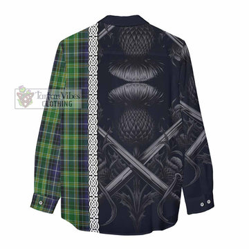 Tartan Vibes Clothing McKellar Tartan Women's Casual Shirt with Family Crest Cross Sword Thistle Celtic Vibes