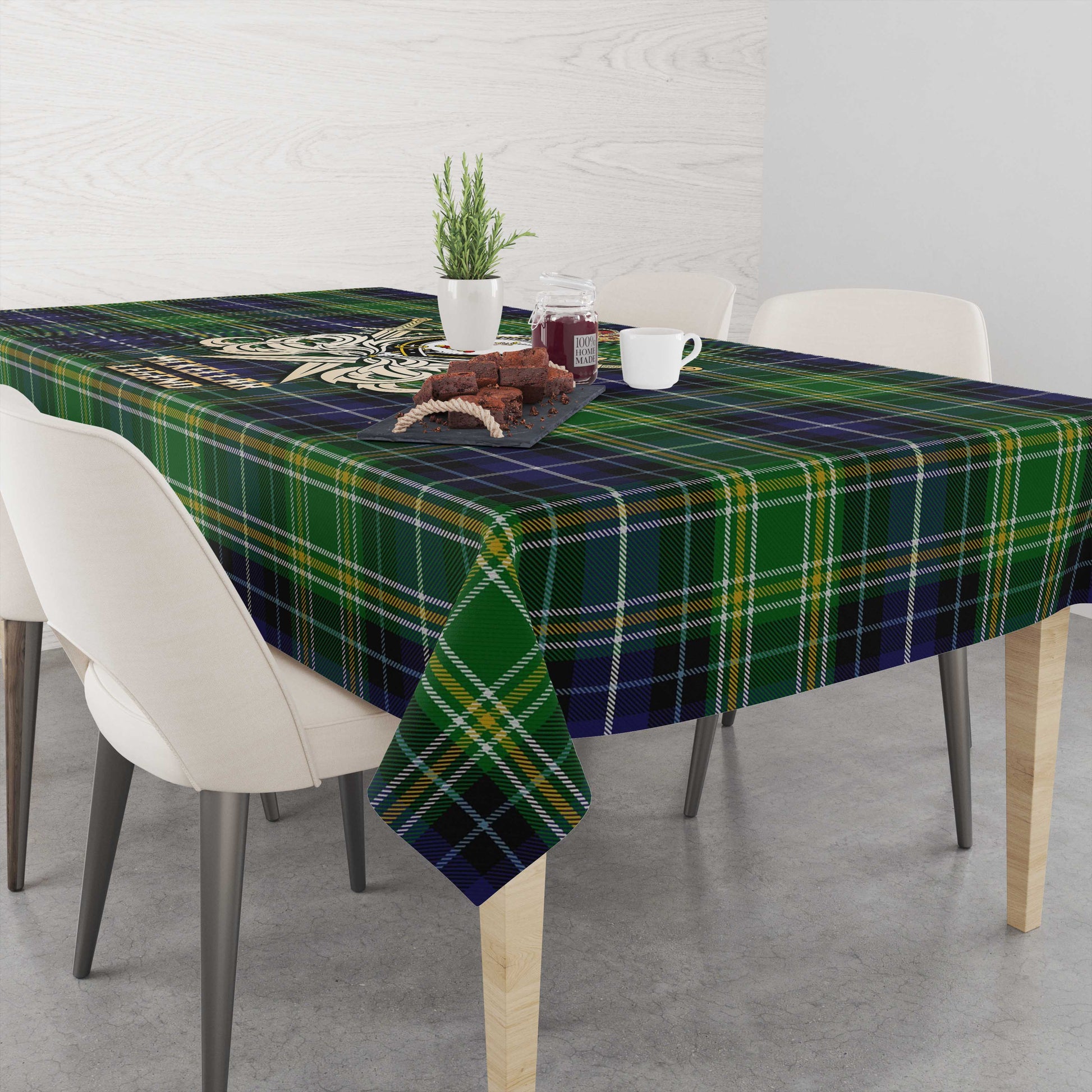 Tartan Vibes Clothing McKellar Tartan Tablecloth with Clan Crest and the Golden Sword of Courageous Legacy