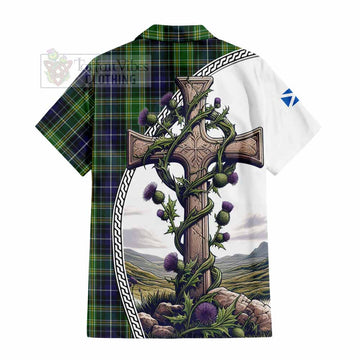 Tartan Vibes Clothing McKellar Tartan Short Sleeve Button Shirt with Family Crest and St. Andrew's Cross Accented by Thistle Vines