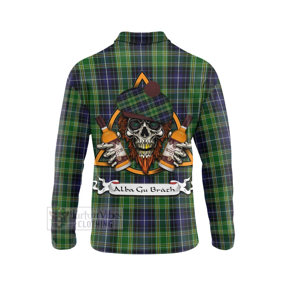 Tartan Vibes Clothing McKellar Tartan Long Sleeve Polo Shirt with Family Crest and Bearded Skull Holding Bottles of Whiskey