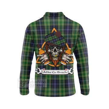 Tartan Vibes Clothing McKellar Tartan Long Sleeve Polo Shirt with Family Crest and Bearded Skull Holding Bottles of Whiskey