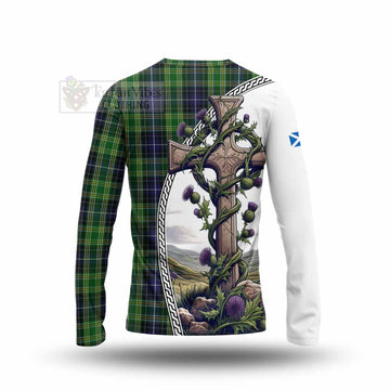 Tartan Vibes Clothing McKellar Tartan Long Sleeve T-Shirt with Family Crest and St. Andrew's Cross Accented by Thistle Vines