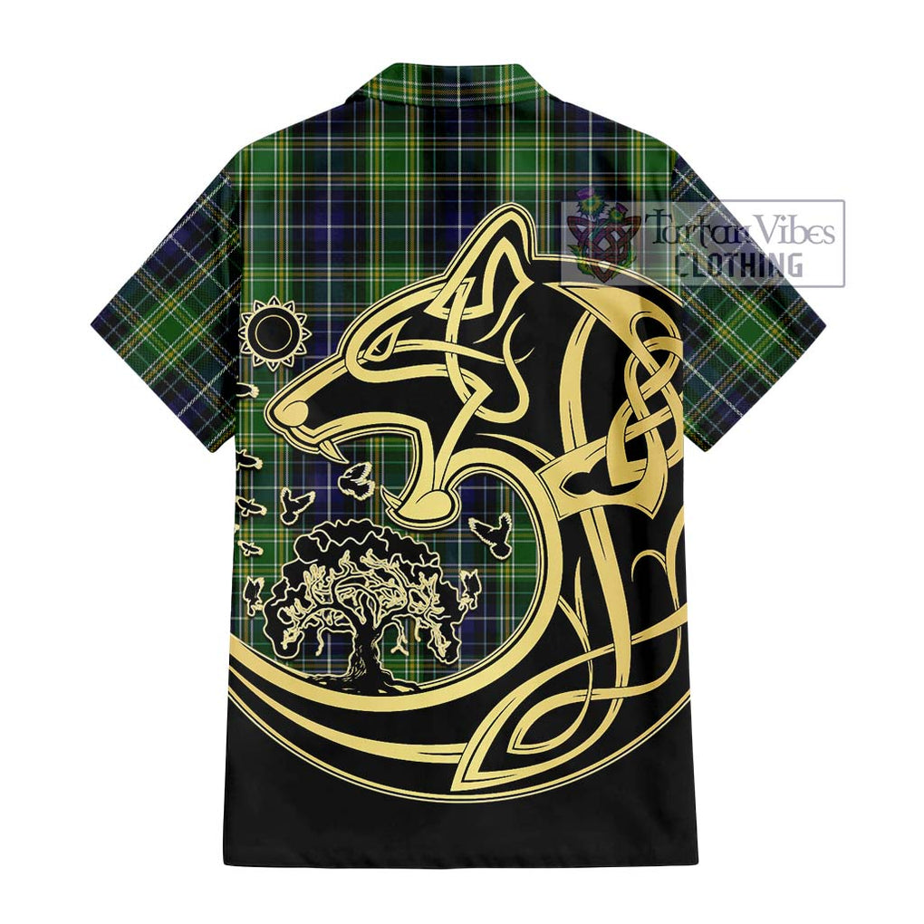 McKellar Tartan Short Sleeve Button Shirt with Family Crest Celtic Wolf Style - Tartan Vibes Clothing