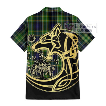 McKellar Tartan Short Sleeve Button Shirt with Family Crest Celtic Wolf Style - Tartan Vibes Clothing