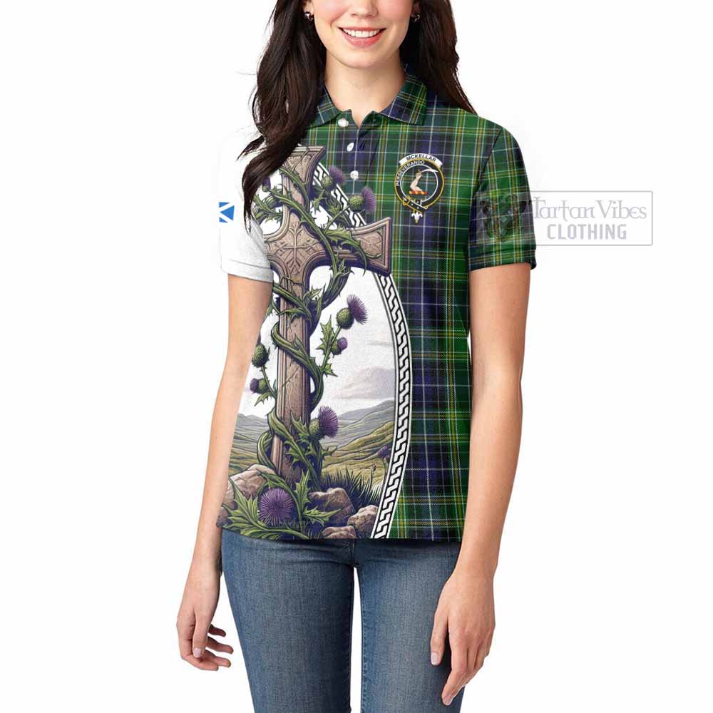 Tartan Vibes Clothing McKellar Tartan Women's Polo Shirt with Family Crest and St. Andrew's Cross Accented by Thistle Vines