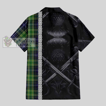 Tartan Vibes Clothing McKellar Tartan Short Sleeve Button Shirt with Family Crest Cross Sword Thistle Celtic Vibes