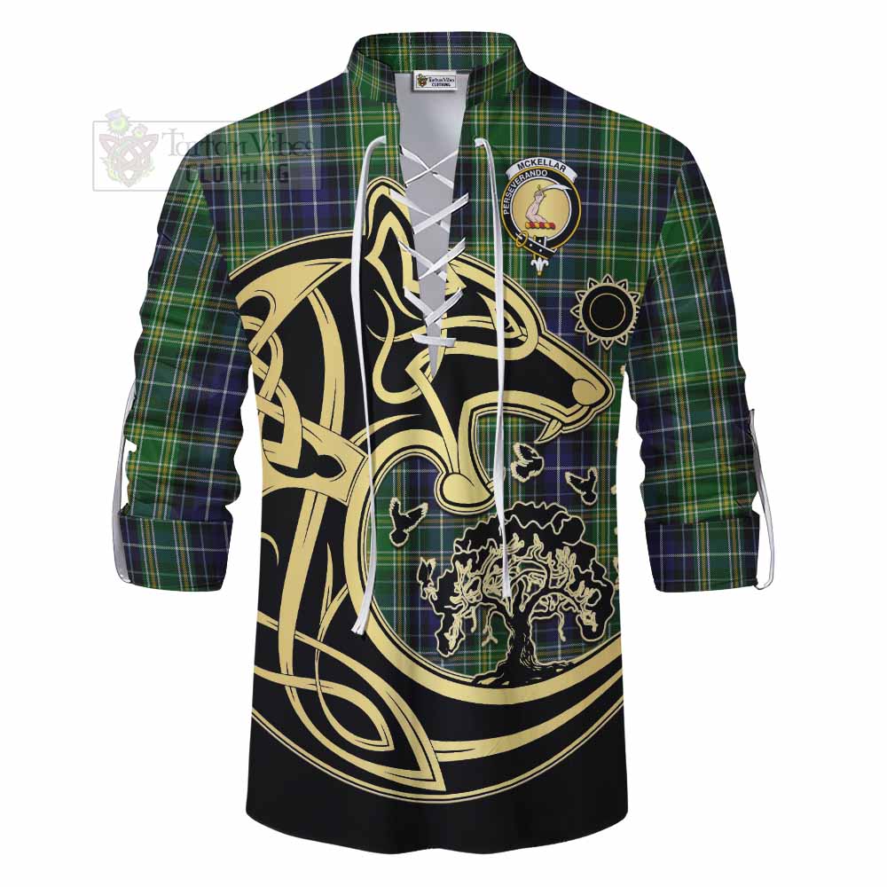 Tartan Vibes Clothing McKellar Tartan Ghillie Kilt Shirt with Family Crest Celtic Wolf Style