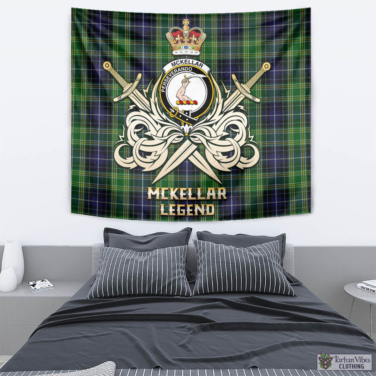 Tartan Vibes Clothing McKellar Tartan Tapestry with Clan Crest and the Golden Sword of Courageous Legacy