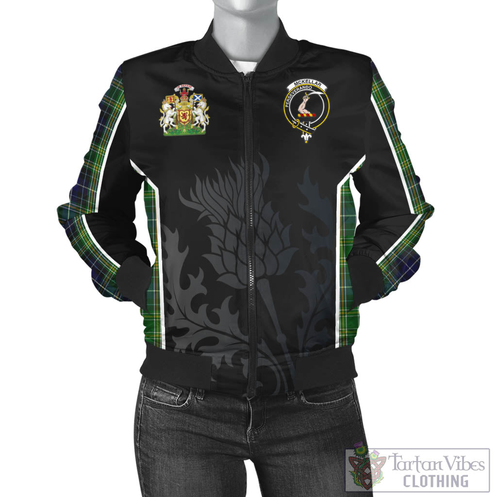 Tartan Vibes Clothing McKellar Tartan Bomber Jacket with Family Crest and Scottish Thistle Vibes Sport Style