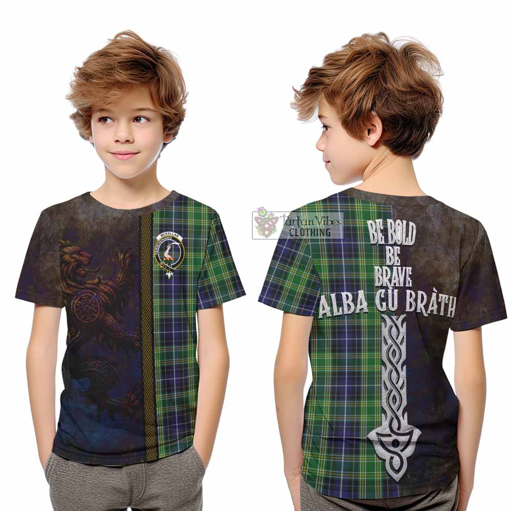 Tartan Vibes Clothing McKellar Tartan Family Crest Kid T-Shirt Alba Gu Brath Be Brave Lion Ancient Style