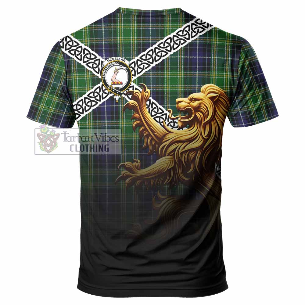 Tartan Vibes Clothing McKellar Crest Tartan T-Shirt with Golden Lion Emblem Celtic Style