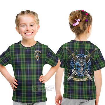 Tartan Vibes Clothing McKellar Tartan Kid T-Shirt with Family Crest Celtic Skull Style