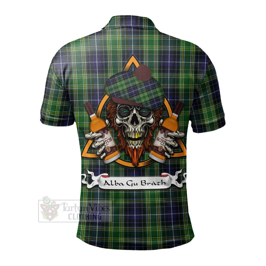 Tartan Vibes Clothing McKellar Tartan Polo Shirt with Family Crest and Bearded Skull Holding Bottles of Whiskey