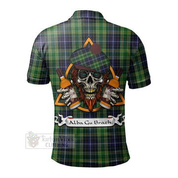 Tartan Vibes Clothing McKellar Tartan Polo Shirt with Family Crest and Bearded Skull Holding Bottles of Whiskey