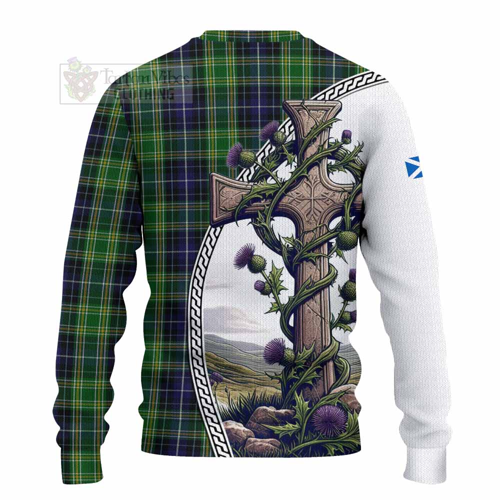Tartan Vibes Clothing McKellar Tartan Knitted Sweater with Family Crest and St. Andrew's Cross Accented by Thistle Vines