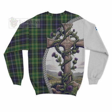 Tartan Vibes Clothing McKellar Tartan Sweatshirt with Family Crest and St. Andrew's Cross Accented by Thistle Vines