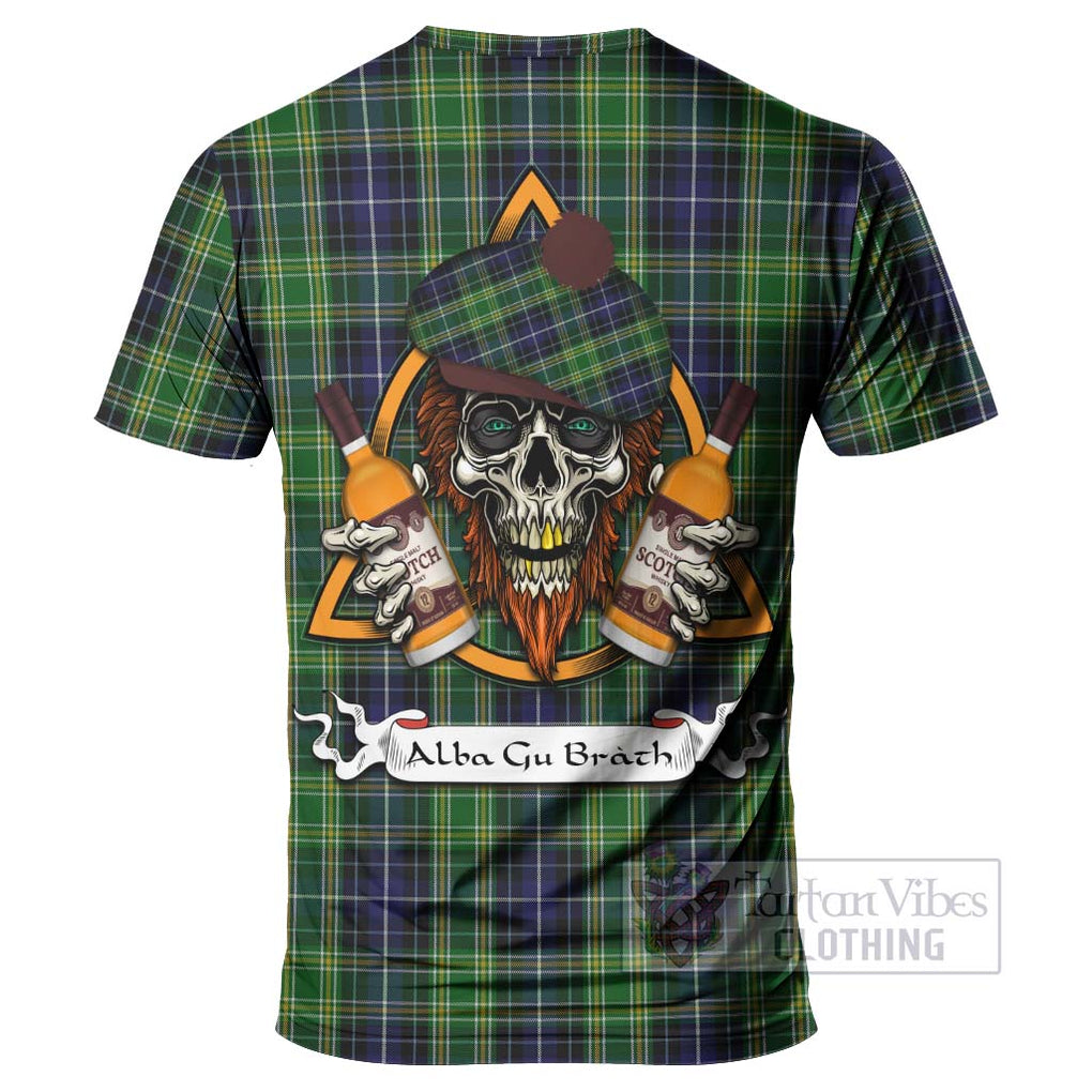 Tartan Vibes Clothing McKellar Tartan T-Shirt with Family Crest and Bearded Skull Holding Bottles of Whiskey