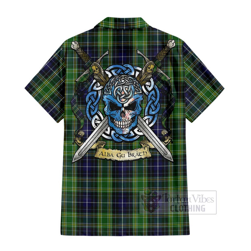 Tartan Vibes Clothing McKellar Tartan Short Sleeve Button Shirt with Family Crest Celtic Skull Style