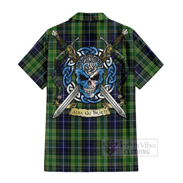 Tartan Vibes Clothing McKellar Tartan Short Sleeve Button Shirt with Family Crest Celtic Skull Style