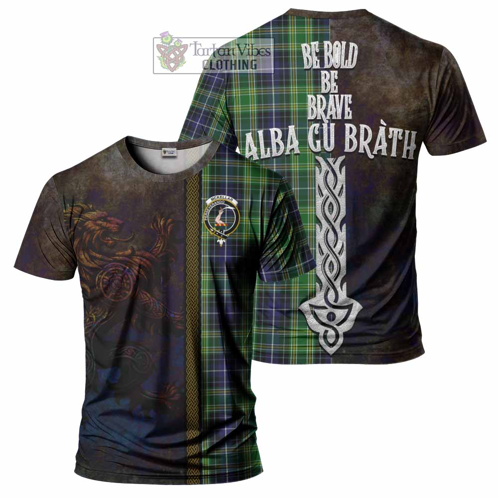 Tartan Vibes Clothing McKellar Tartan Family Crest T-Shirt Alba Gu Brath Be Brave Lion Ancient Style