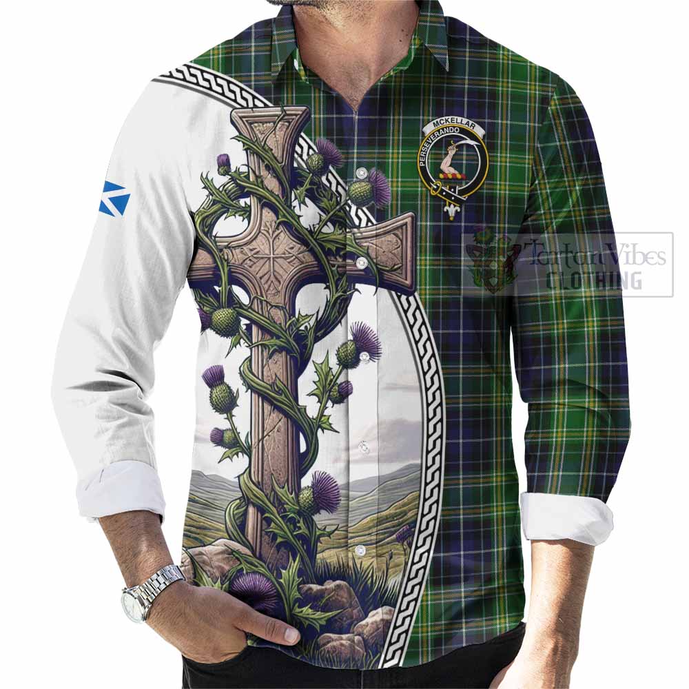 Tartan Vibes Clothing McKellar Tartan Long Sleeve Button Shirt with Family Crest and St. Andrew's Cross Accented by Thistle Vines
