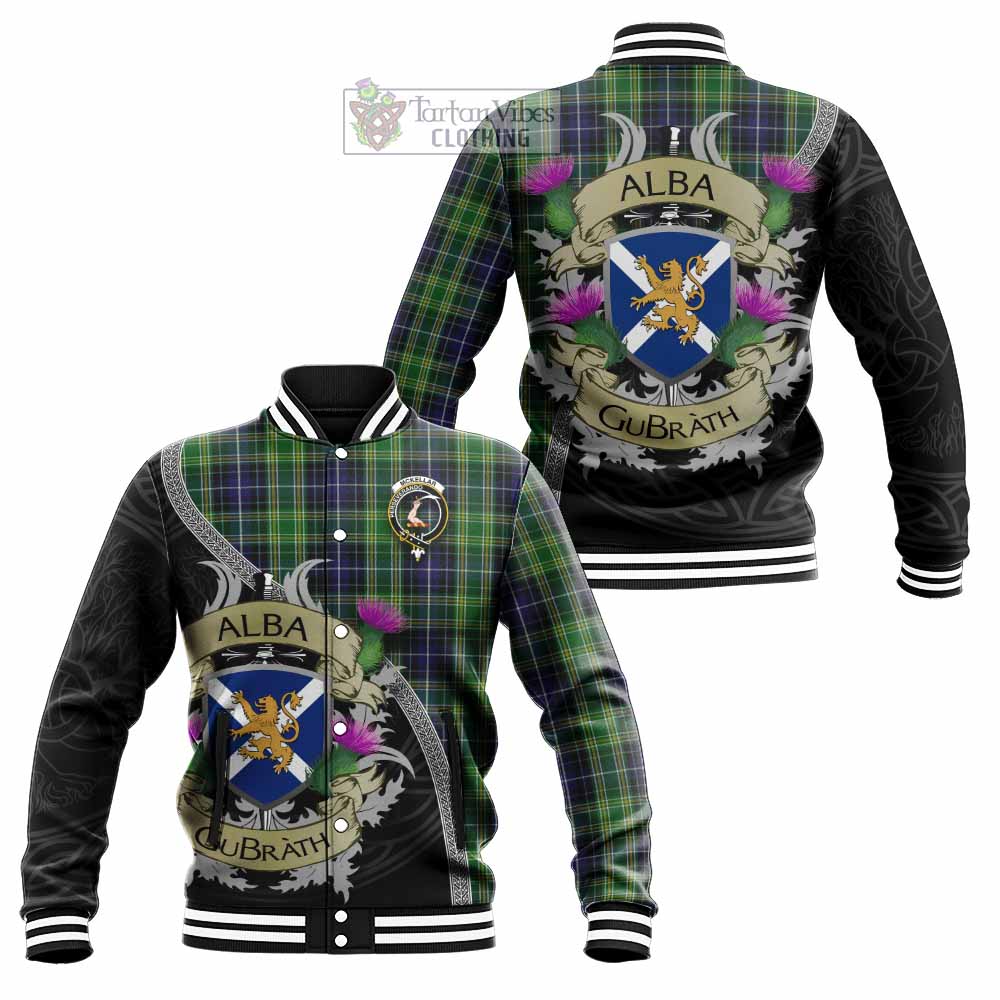 Tartan Vibes Clothing McKellar Tartan Family Crest Baseball Jacket Lion Rampant Royal Thistle Shield Celtic Inspired