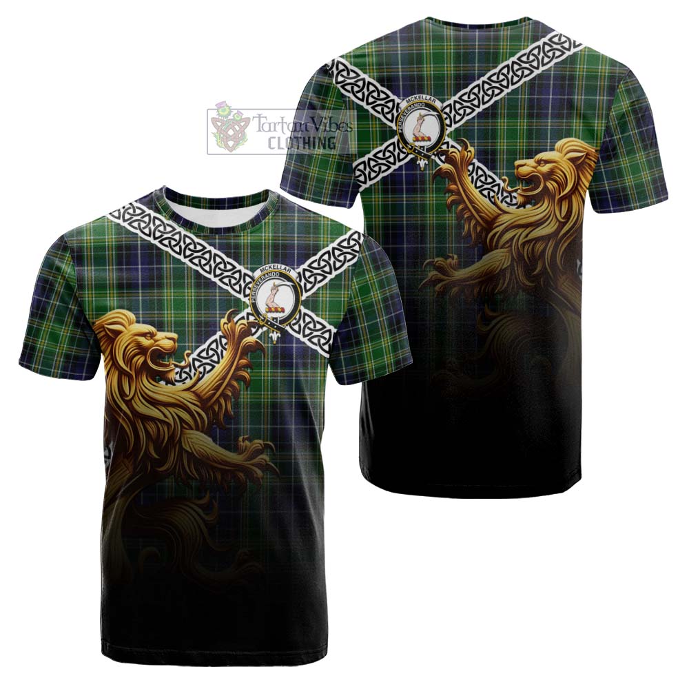 Tartan Vibes Clothing McKellar Crest Tartan Cotton T-shirt with Golden Lion Emblem Celtic Style