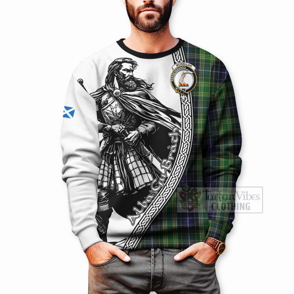 Tartan Vibes Clothing McKellar Tartan Clan Crest Sweatshirt with Highlander Warrior Celtic Style