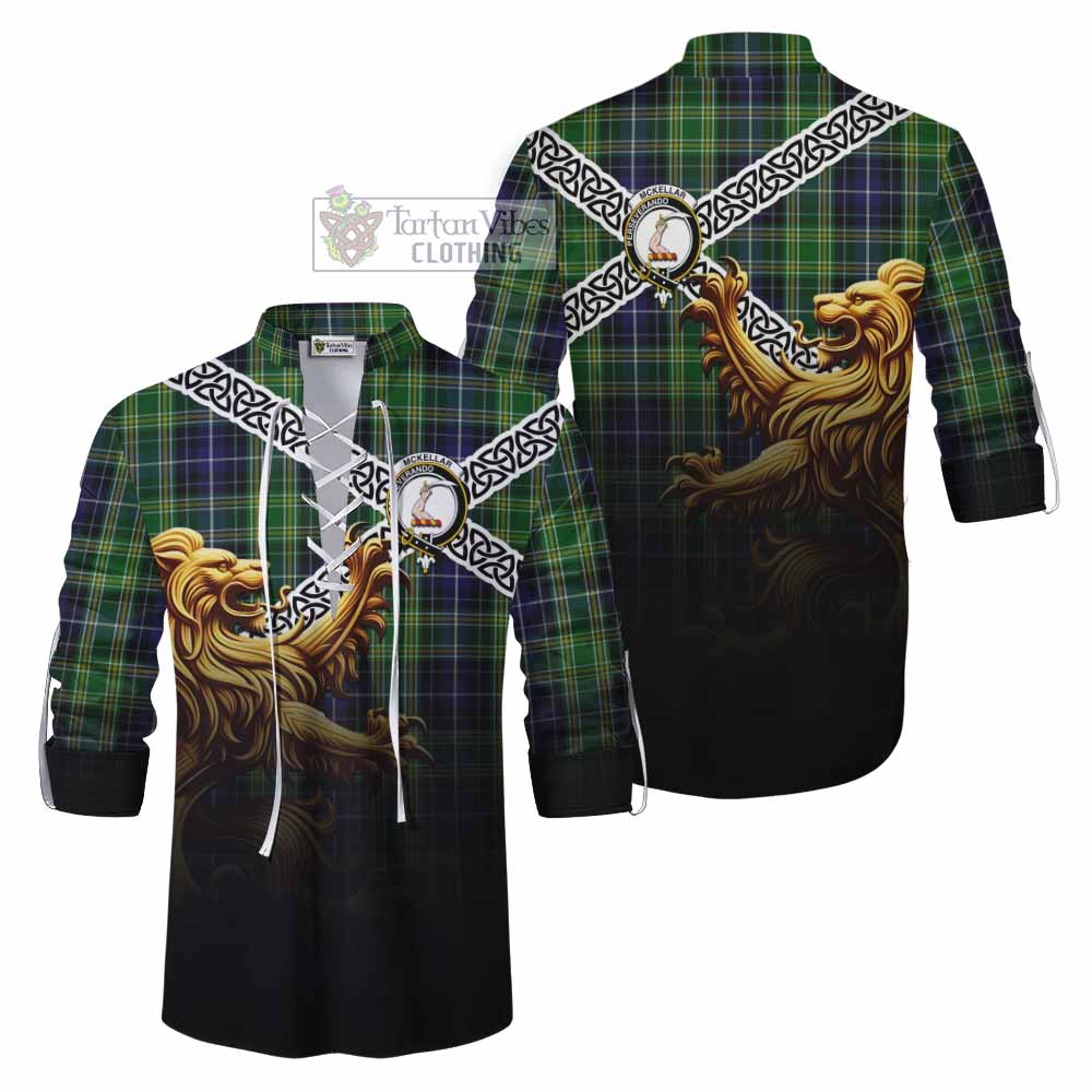Tartan Vibes Clothing McKellar Crest Tartan Ghillie Kilt Shirt with Golden Lion Emblem Celtic Style