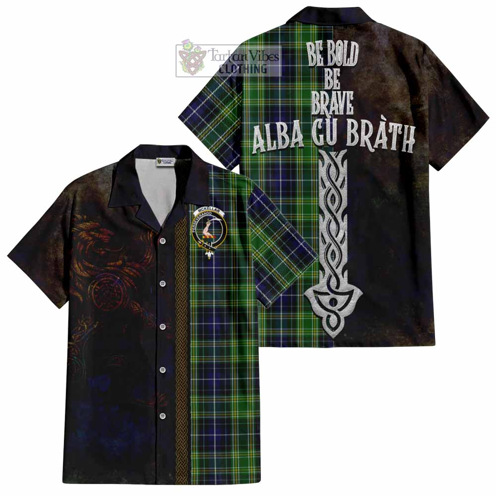 Tartan Vibes Clothing McKellar Tartan Family Crest Short Sleeve Button Shirt Alba Gu Brath Be Brave Lion Ancient Style