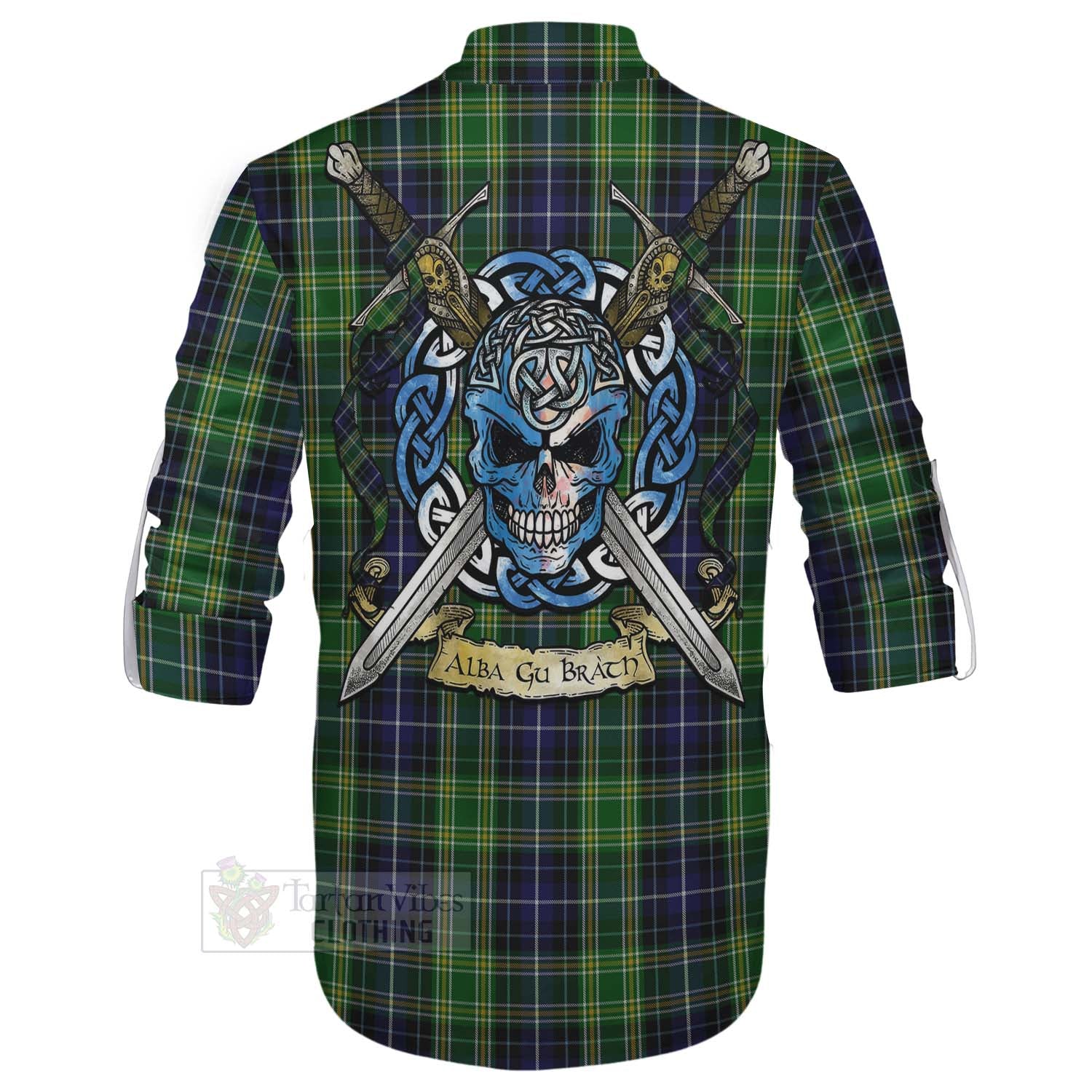 Tartan Vibes Clothing McKellar Tartan Ghillie Kilt Shirt with Family Crest Celtic Skull Style