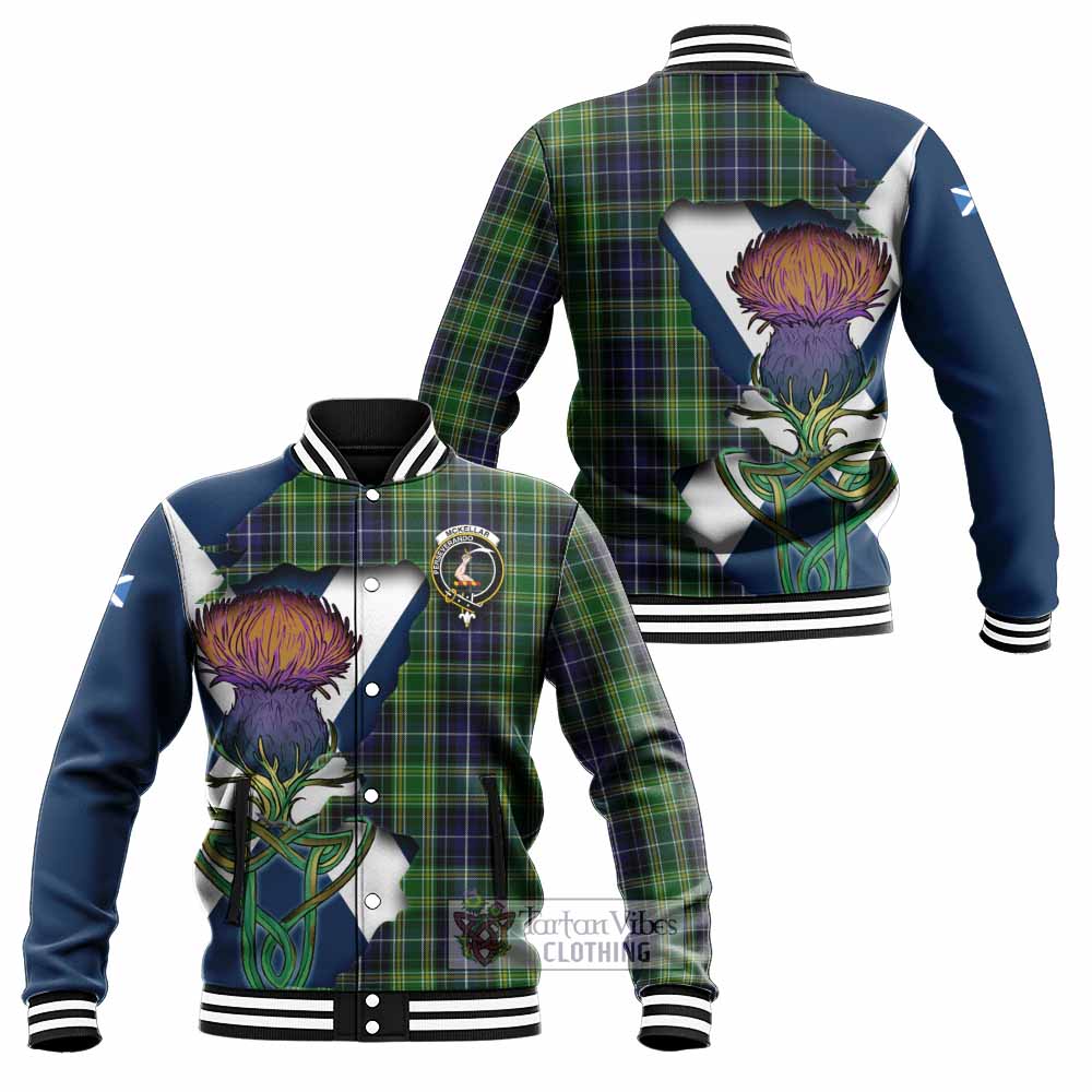 Tartan Vibes Clothing McKellar Tartan Family Crest Baseball Jacket Scottish Thistle Celtic Inspired