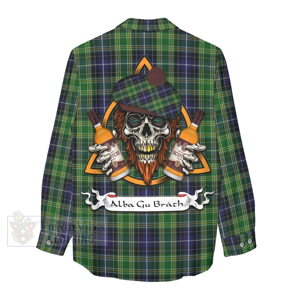 Tartan Vibes Clothing McKellar Tartan Women's Casual Shirt with Family Crest and Bearded Skull Holding Bottles of Whiskey